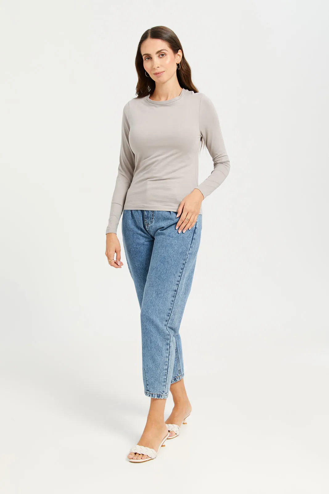 Women Grey Long Sleeve Basic T-Shirt