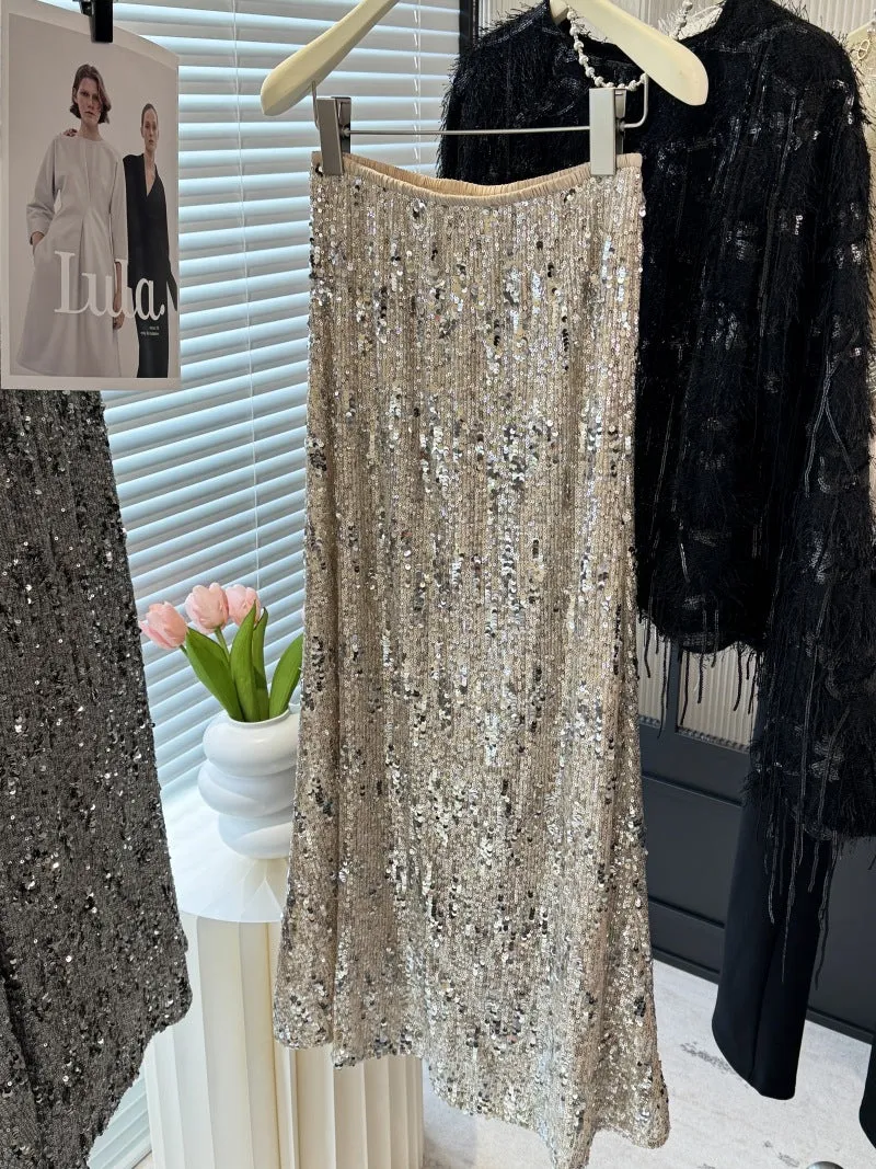 Women Heavy Embroidery Sequin Skirt