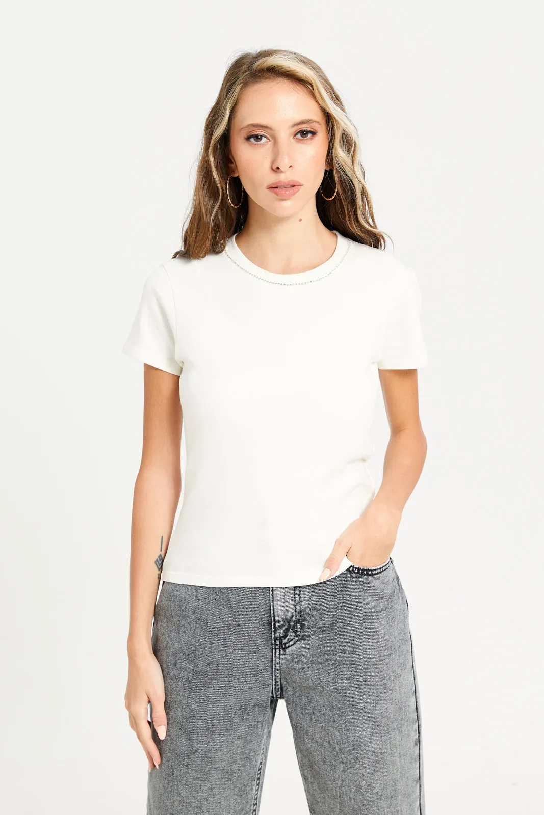 Women Ivory Rhinestone Embellished T-Shirt