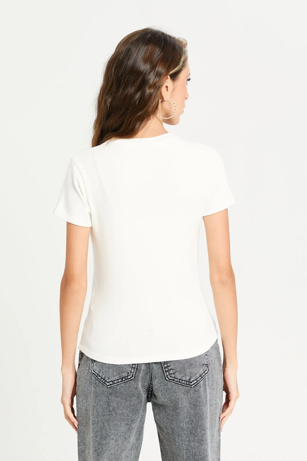 Women Ivory Rhinestone Embellished T-Shirt
