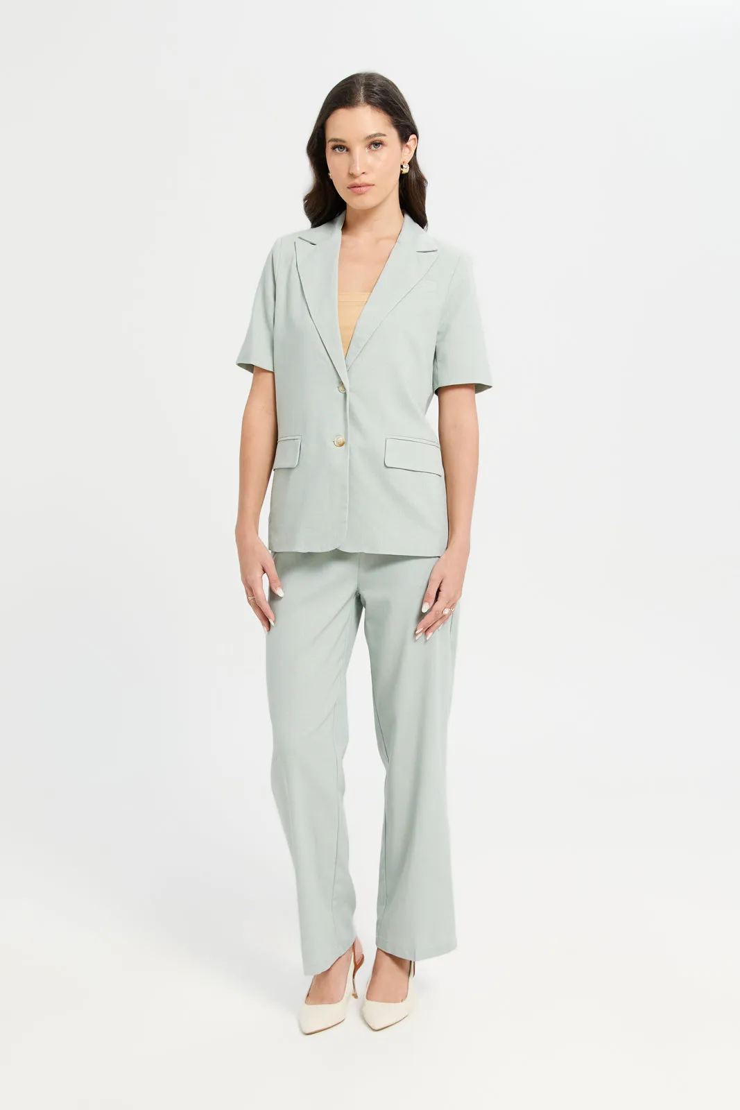 Women Mint Long Length Mock Pocket Blazer