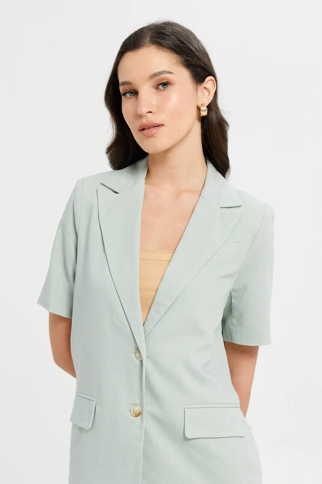 Women Mint Long Length Mock Pocket Blazer