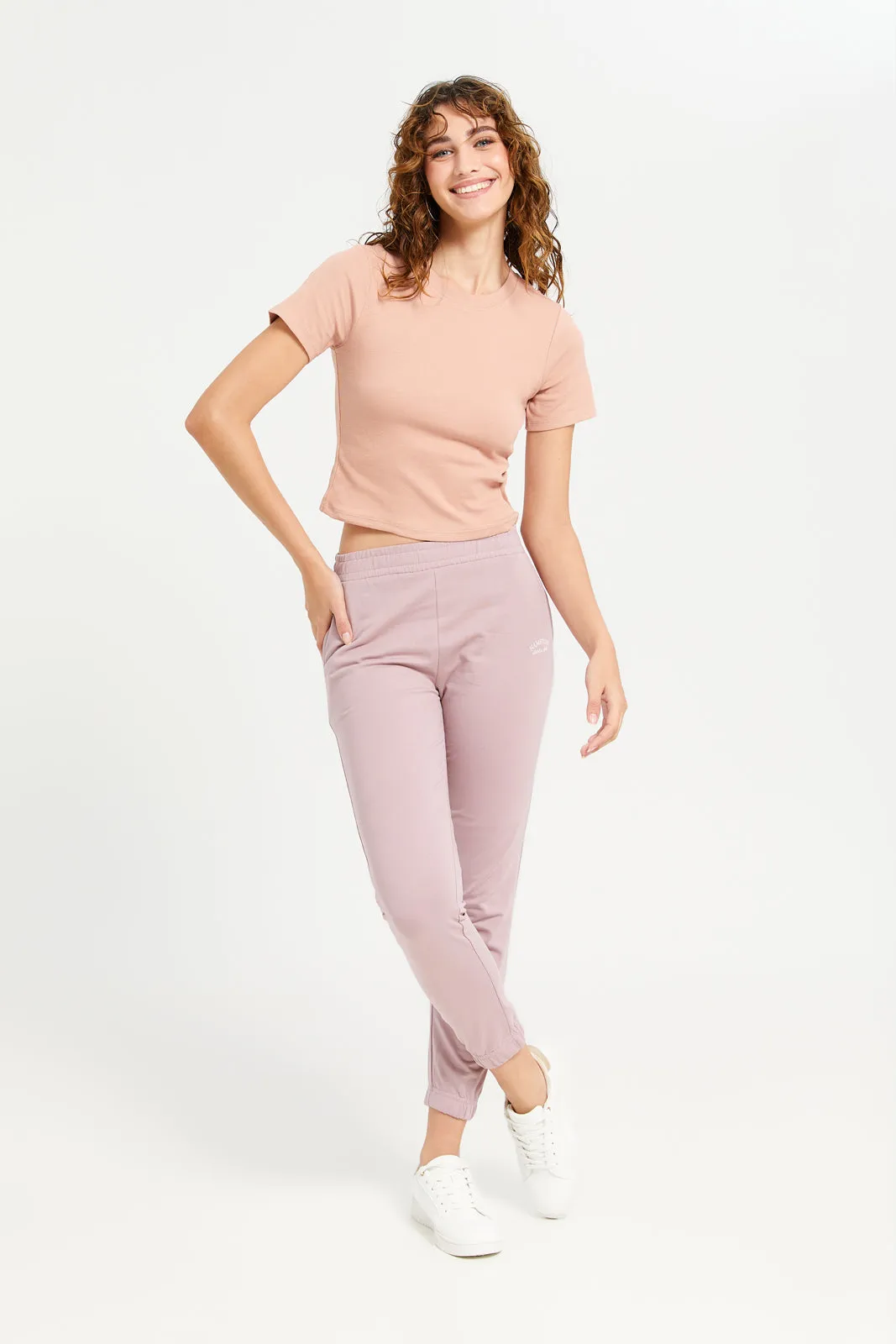 Women Pink Ribbed T-Shirt
