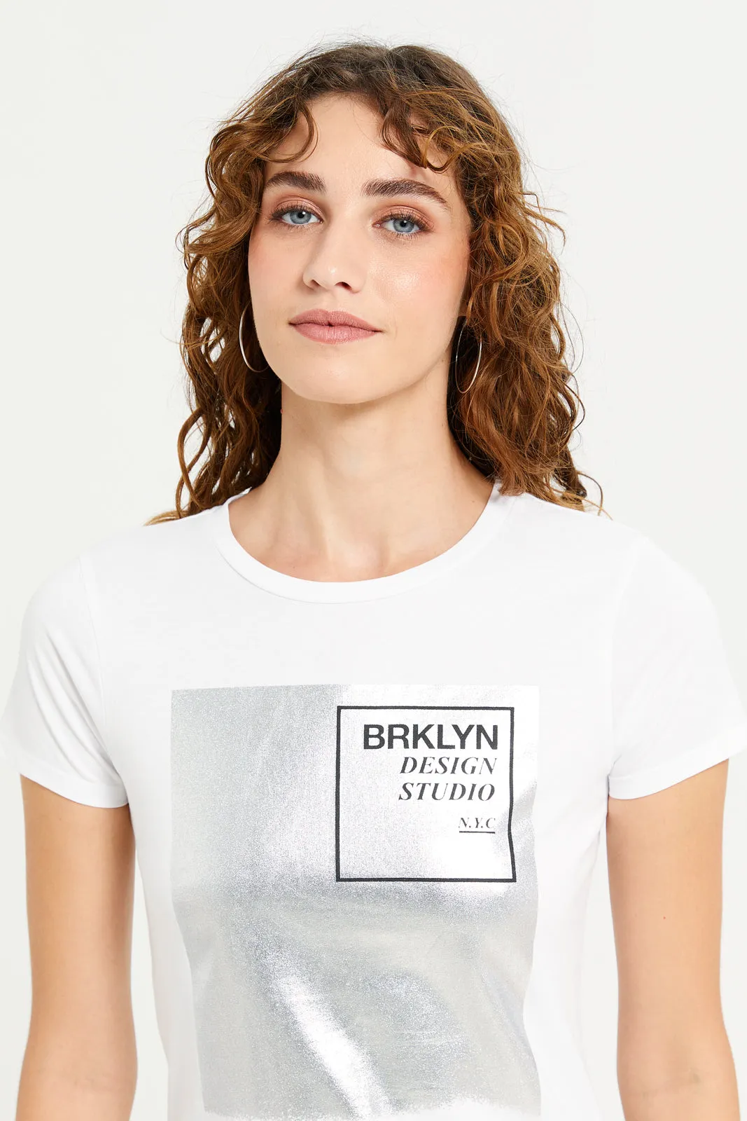 Women White Foil Printed T-Shirt