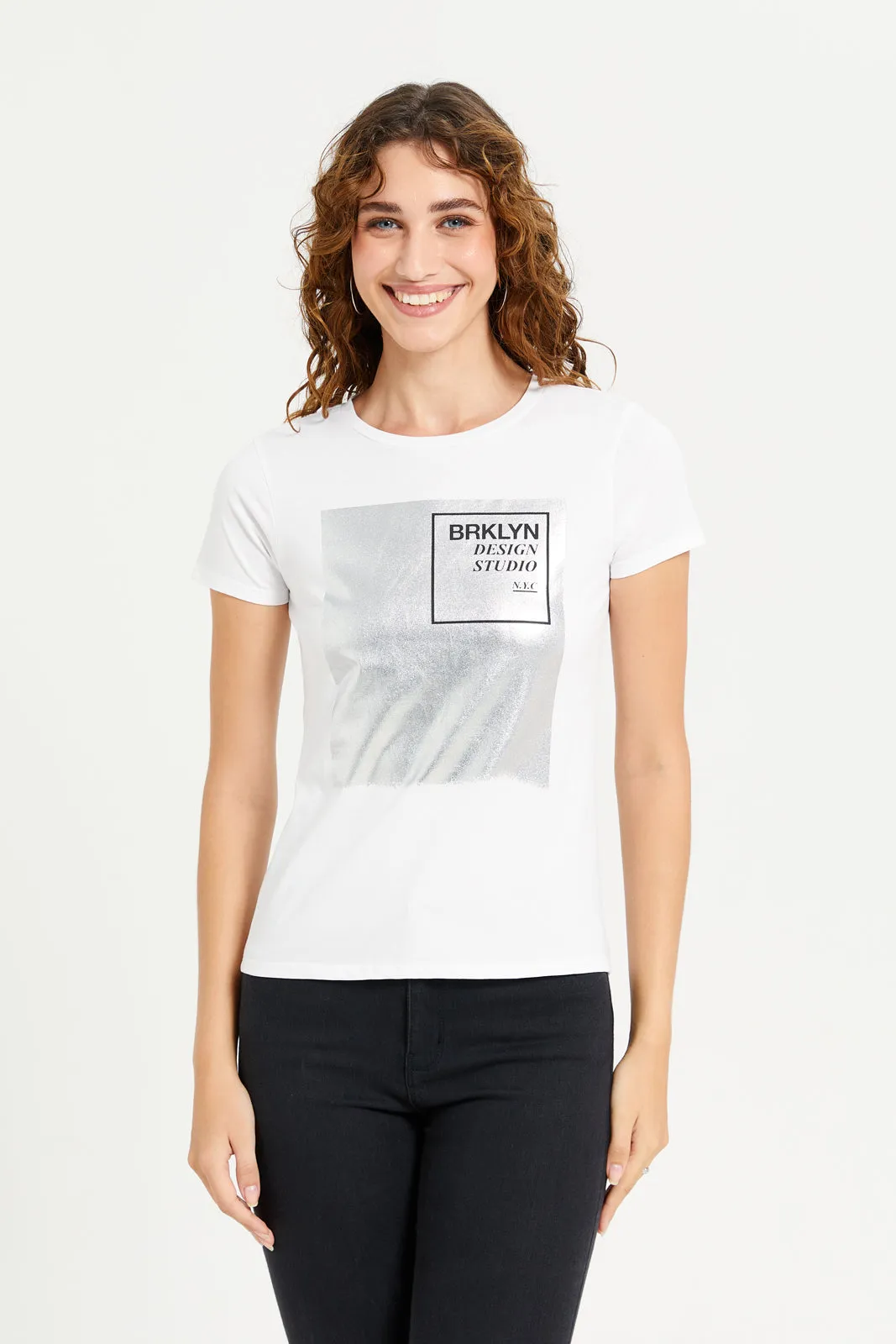 Women White Foil Printed T-Shirt