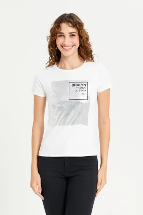 Women White Foil Printed T-Shirt