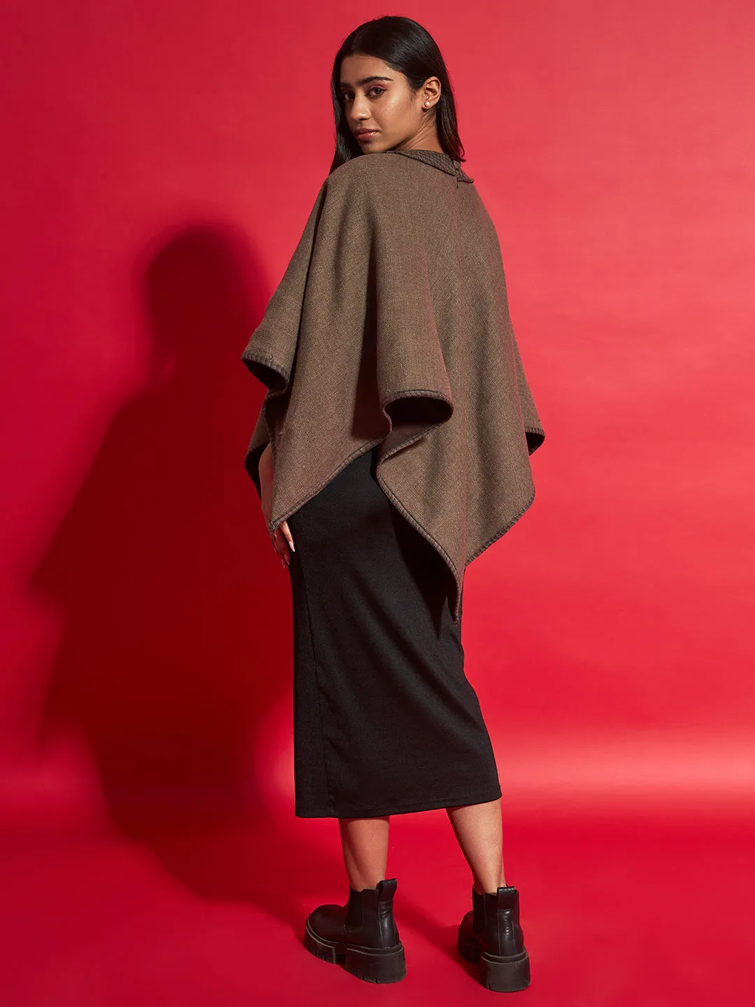 Woven Checked Cashmelon thick Poncho for Women with Double Collar and Lining | Beige