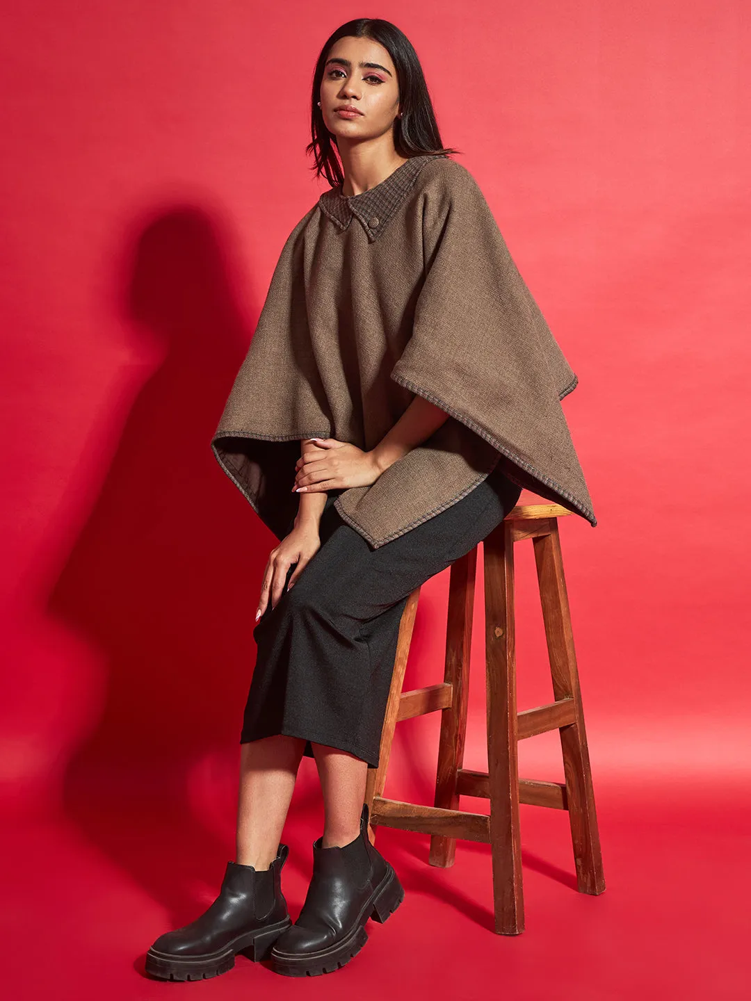 Woven Checked Cashmelon thick Poncho for Women with Double Collar and Lining | Beige