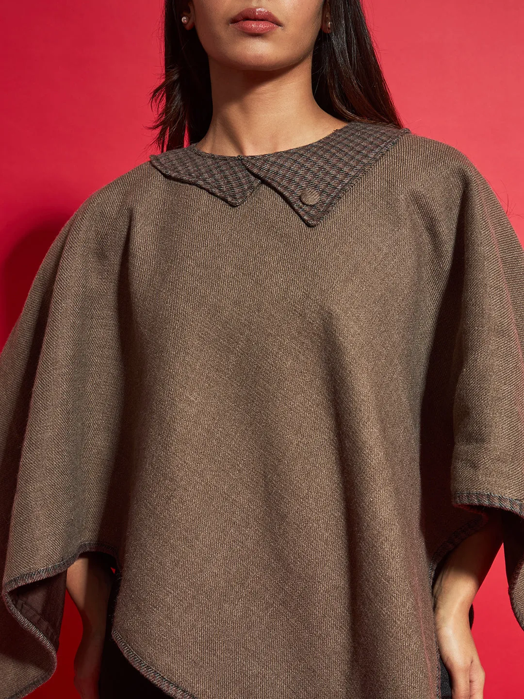 Woven Checked Cashmelon thick Poncho for Women with Double Collar and Lining | Beige