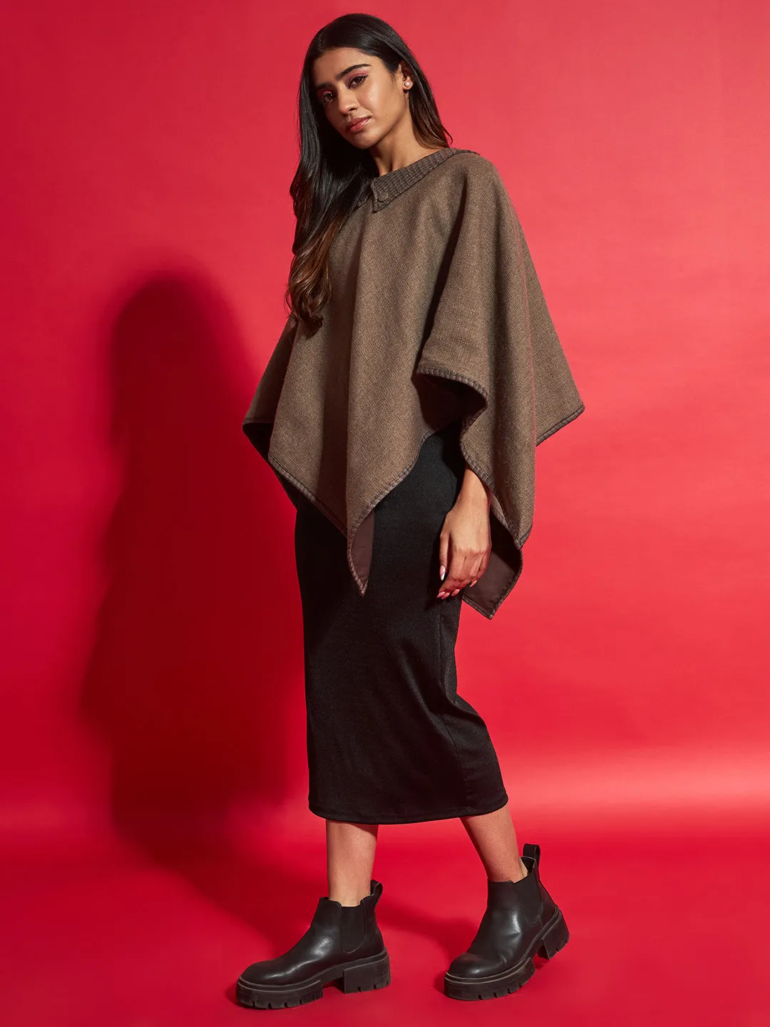 Woven Checked Cashmelon thick Poncho for Women with Double Collar and Lining | Beige