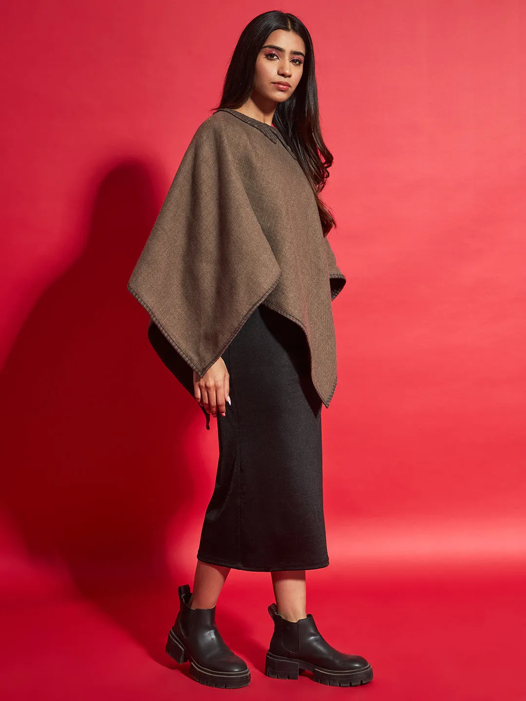 Woven Checked Cashmelon thick Poncho for Women with Double Collar and Lining | Beige