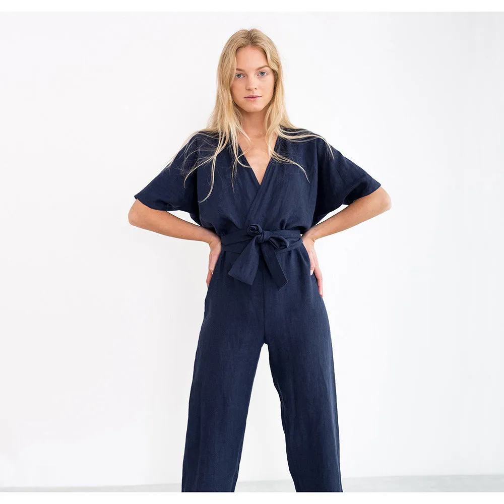 Wrap Linen Jumpsuit Washed Long Linen Overall