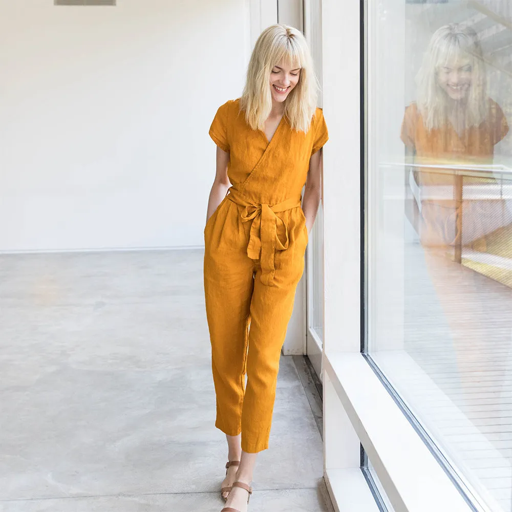 Wrap Linen Jumpsuit Washed Long Linen Overall
