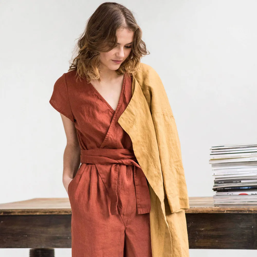 Wrap Linen Jumpsuit Washed Long Linen Overall