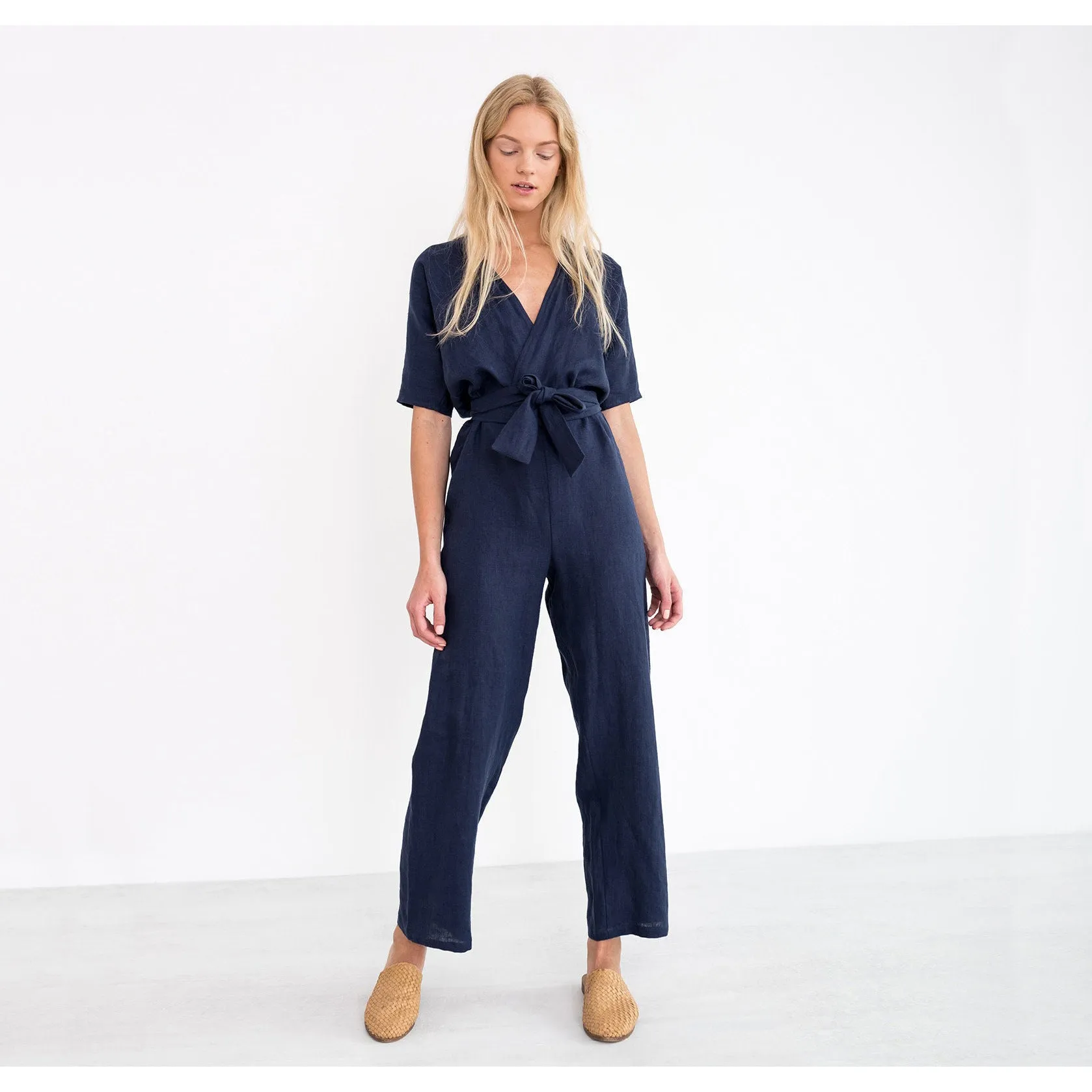 Wrap Linen Jumpsuit Washed Long Linen Overall