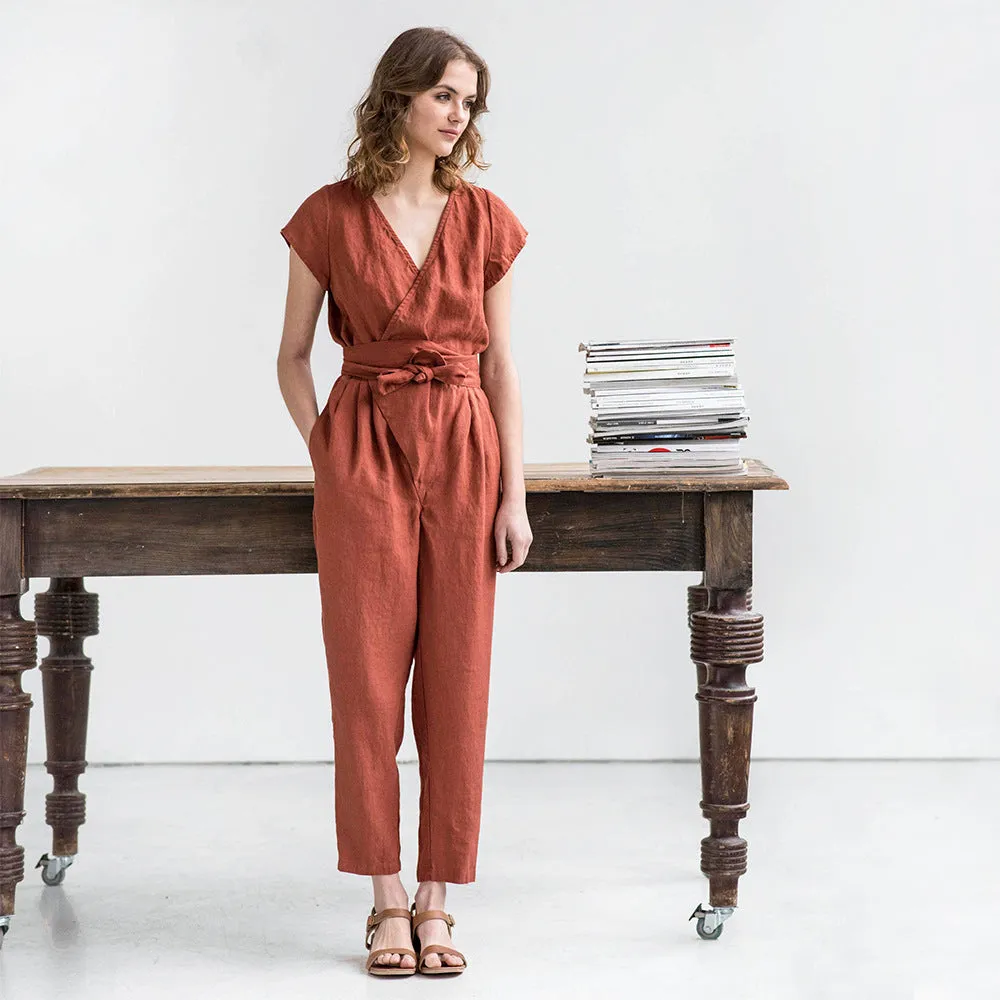 Wrap Linen Jumpsuit Washed Long Linen Overall